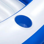 Blue and white inflatable pool float with built-in drink holder