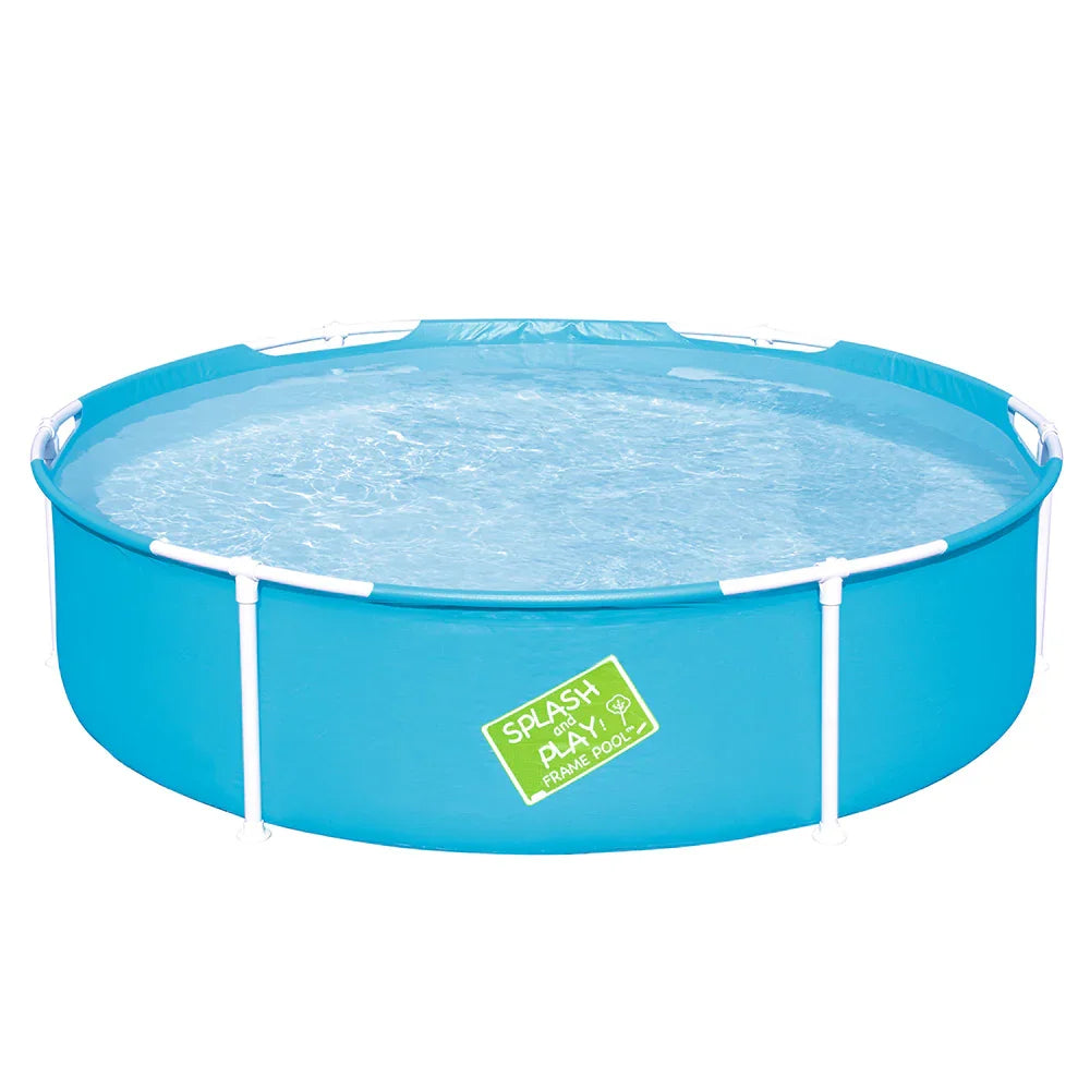 Round blue above ground splash and play frame pool filled with water