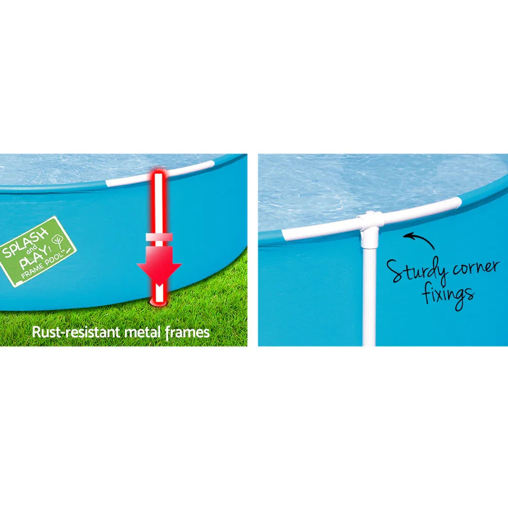 Blue frame pool with rust-resistant metal frames and sturdy corner fixings on grass