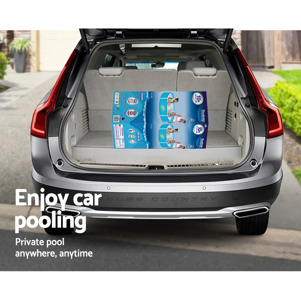 Open car trunk with boxed bestway private pool on driveway in suburban setting