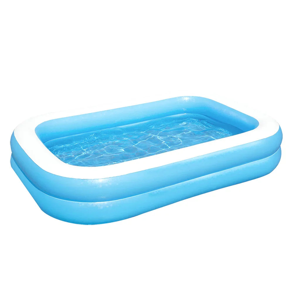 Rectangular blue inflatable kiddie pool filled with water and white rim