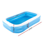 Rectangular inflatable blue and white kids pool with dimensions labeled 3.05m by 2.44m by 56cm and 36cm