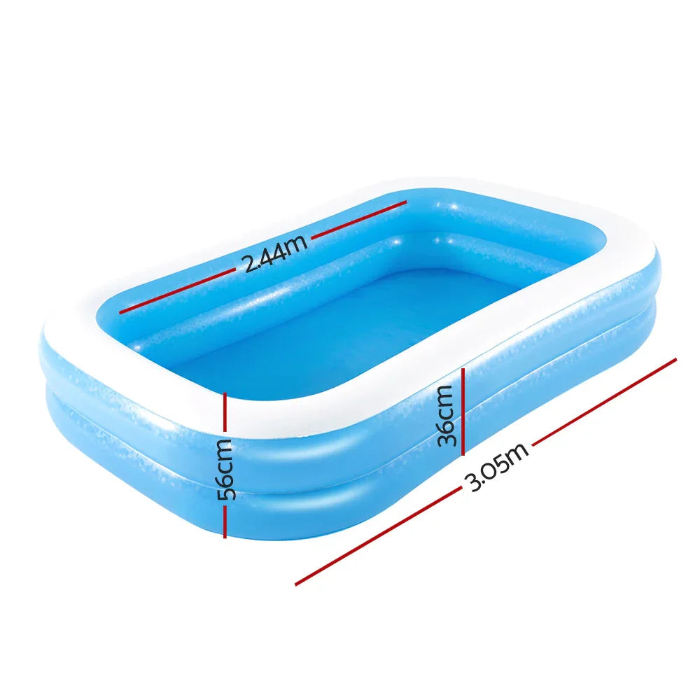 Rectangular inflatable blue and white kids pool with dimensions labeled 3.05m by 2.44m by 56cm and 36cm