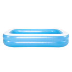 Rectangular blue and white inflatable kids pool isolated on white background