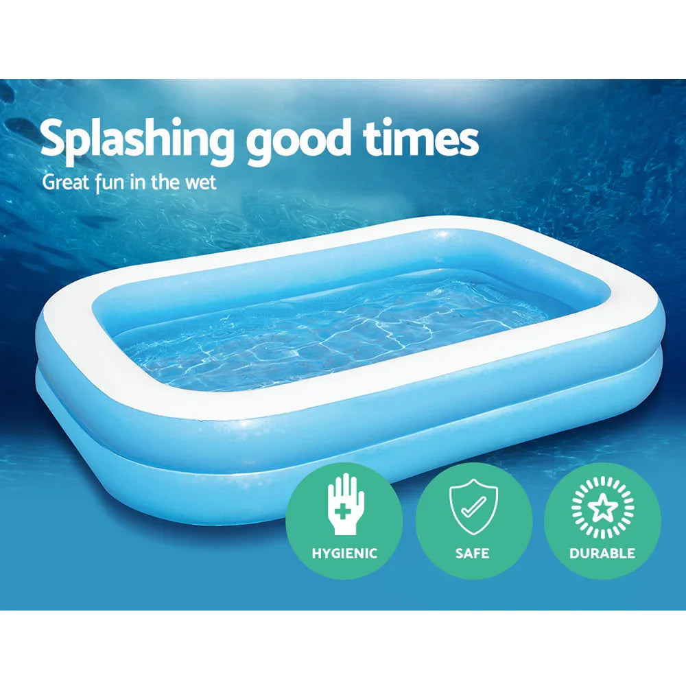 Inflatable blue and white kiddie pool filled with water, promoting fun, hygienic, safe, and durable features