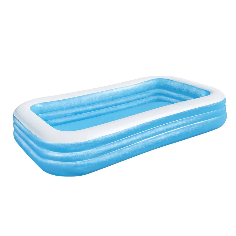 Rectangular blue and white inflatable kiddie pool on white background