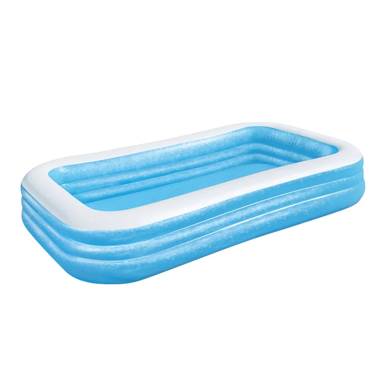Rectangular blue and white inflatable kiddie pool on white background