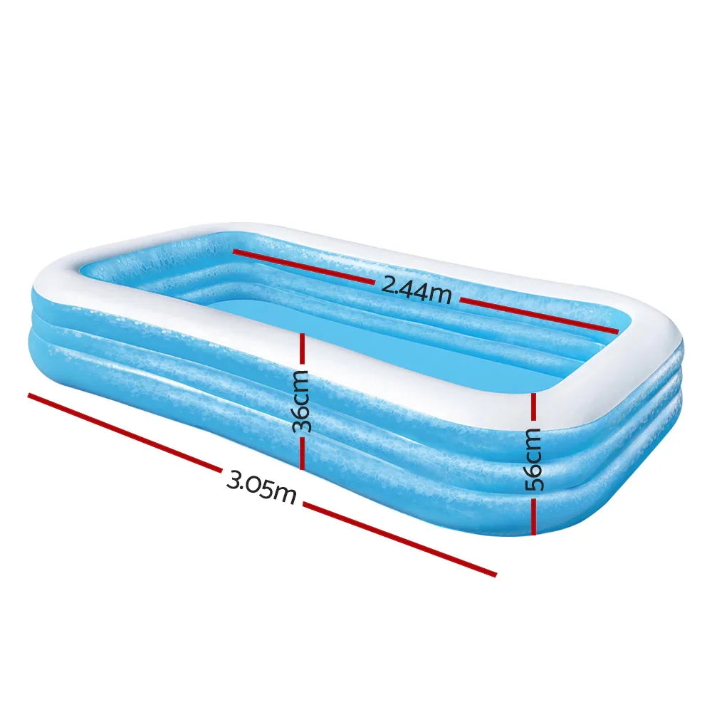 Inflatable blue and white rectangular kids pool with dimensions 3.05m length, 2.44m width, and 56cm height