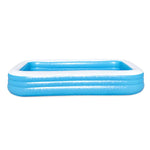 Rectangular blue and white inflatable kiddie pool with a speckled pattern on white background