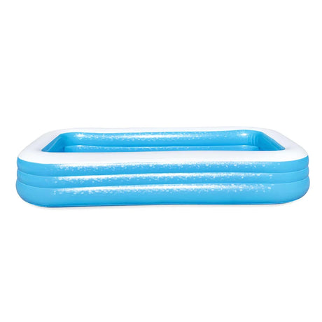 Rectangular blue and white inflatable kiddie pool with a speckled pattern on white background
