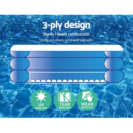 Diagram of 3-ply sturdy I-beam pool wall construction with UV, tear, and wear resistance