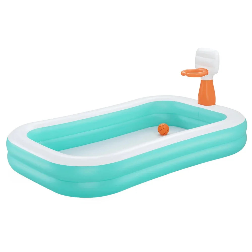 Inflatable kids pool with teal sides, white top ring, orange basketball hoop, and small ball