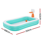 Inflatable rectangular turquoise and white pool with attached orange and white basketball hoop and small basketball