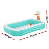 Inflatable rectangular turquoise and white pool with attached orange and white basketball hoop and small basketball