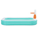 Inflatable rectangular turquoise and white pool with attached orange and white water slide feature