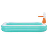 Inflatable rectangular turquoise and white pool with attached orange and white water slide feature