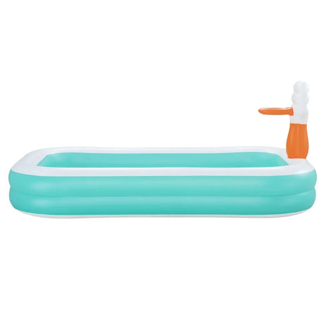 Inflatable rectangular turquoise and white pool with attached orange and white water slide feature