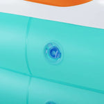 Close-up of colorful inflatable pool float valve and blue, orange, white sections