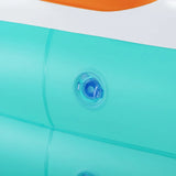 Close-up of colorful inflatable pool float valve and blue, orange, white sections