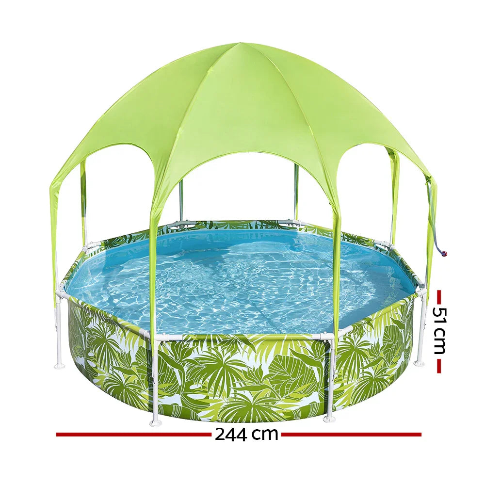 244 cm round kids pool with green tropical leaf pattern and green canopy shade
