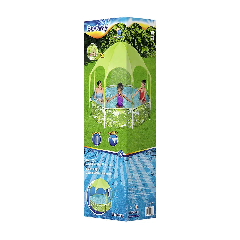Bestway outdoor kids pool with green canopy play tent and splash features on grass