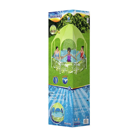 Bestway outdoor kids pool with green canopy play tent and splash features on grass