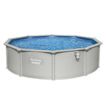 Above-ground Bestway Hydrium round pool with gray frame and blue water