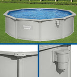 Bestway Hydrium above ground round pool with blue water and gray metal frame on green lawn