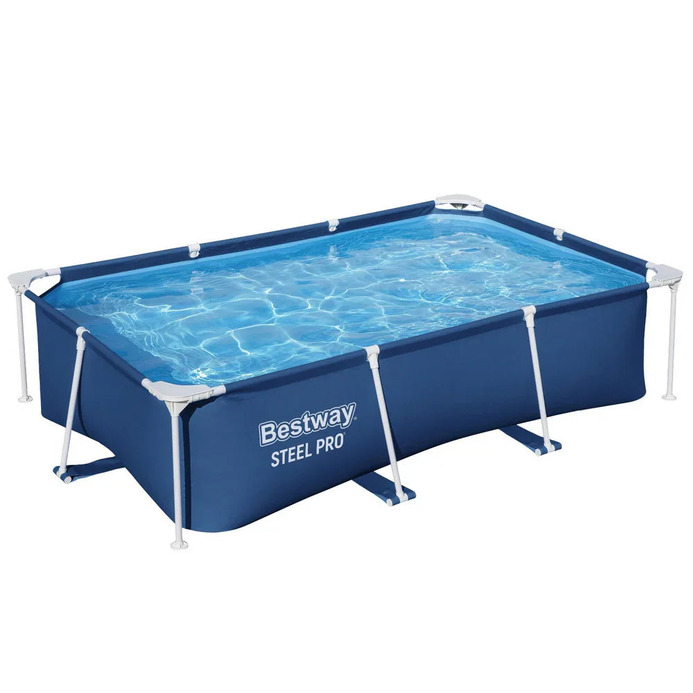 Bestway Steel Pro rectangular above ground blue frame pool filled with water