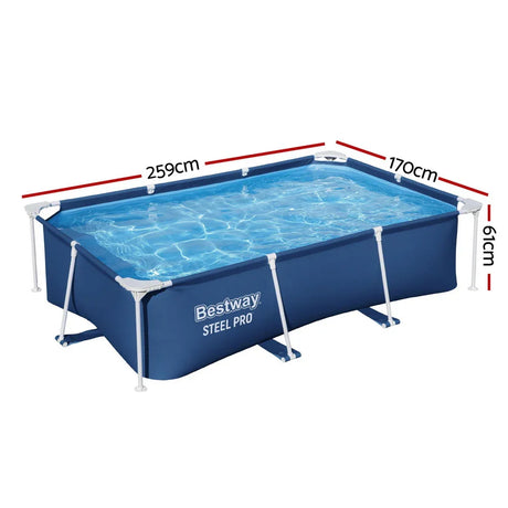 Bestway Steel Pro rectangular above ground swimming pool with dimensions 259cm x 170cm x 61cm
