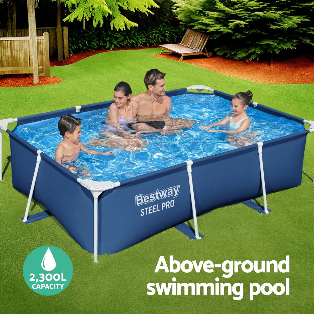 Family enjoying Bestway Steel Pro above-ground swimming pool with clear blue water in backyard