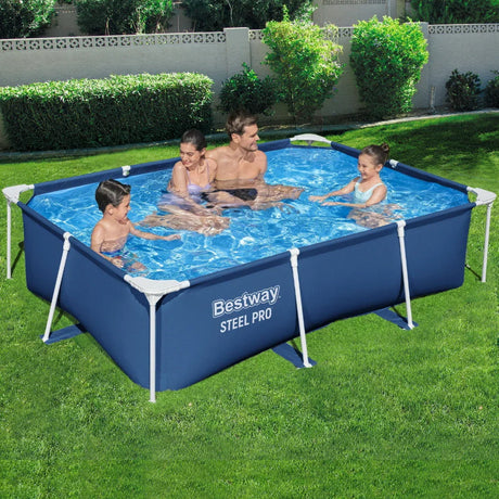 Family of four enjoying a Bestway Steel Pro above ground pool in a sunny backyard