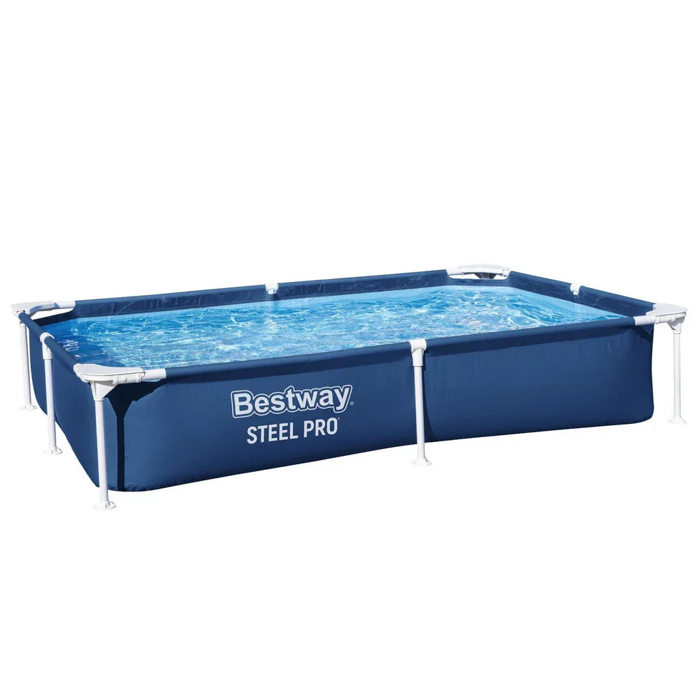 Rectangular Bestway Steel Pro above ground pool with blue frame and clear water