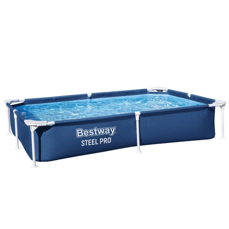 Rectangular Bestway Steel Pro above ground pool with blue frame and clear water