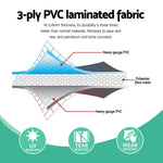 Diagram showing 3-ply PVC laminated fabric with heavy gauge PVC and polyester fibre mesh, UV, tear, and wear resistant