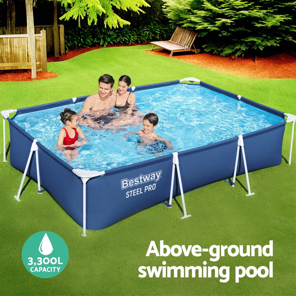 Family enjoying Bestway Steel Pro above-ground swimming pool outdoors with 3,300L capacity