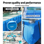 Blue Bestway Power Steel pool undergoing winter freezing and AGP/SPA exposure tests in an outdoor testing facility
