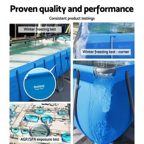 Blue Bestway Power Steel pool undergoing winter freezing and AGP/SPA exposure tests in an outdoor testing facility
