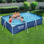Family enjoying Bestway Steel Pro rectangular outdoor frame pool on green lawn