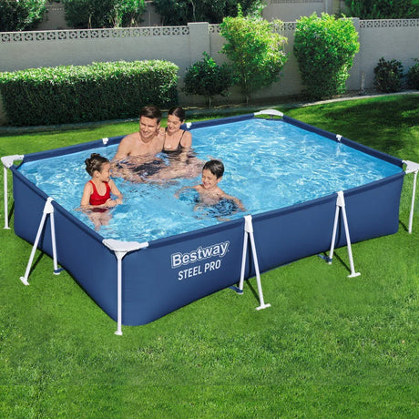Family enjoying Bestway Steel Pro rectangular outdoor frame pool on green lawn