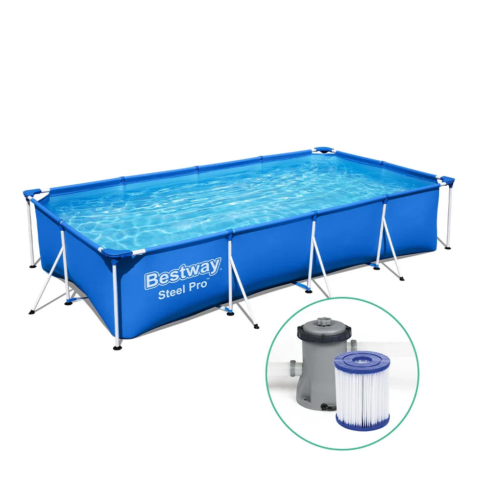 Bestway Steel Pro rectangular above ground swimming pool with blue frame and filter pump