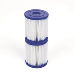White and blue cylindrical pool filter cartridge with pleated material on white background