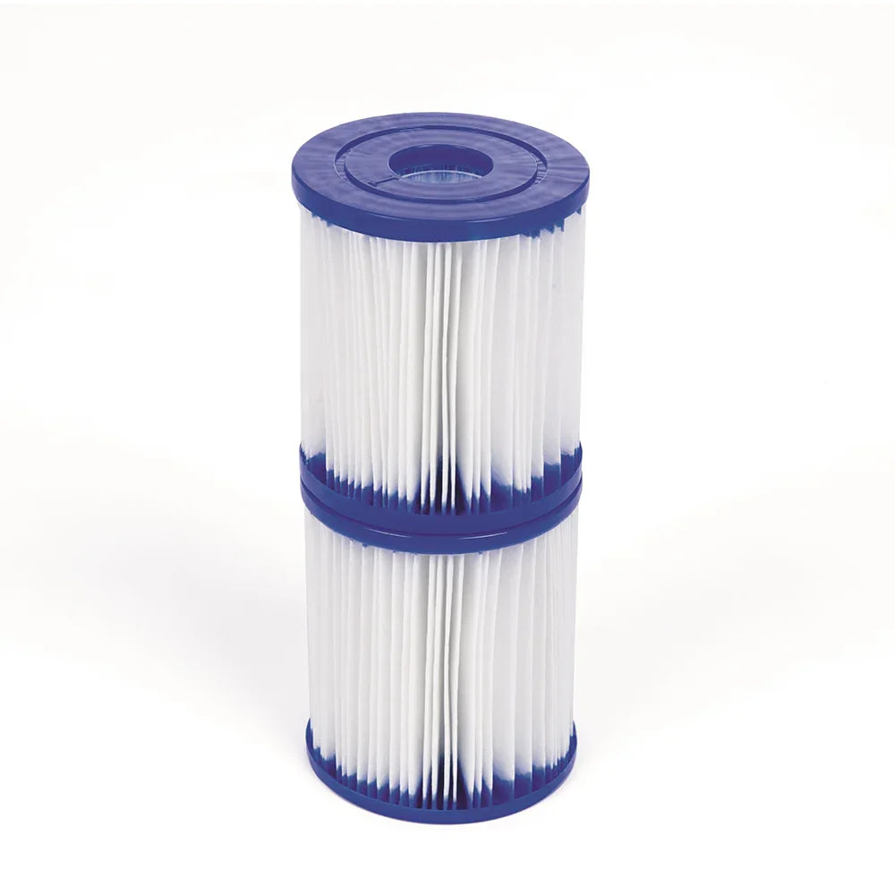 White and blue cylindrical pool filter cartridge with pleated material on white background