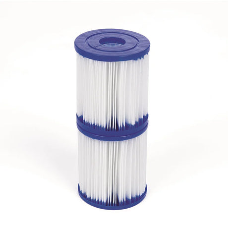 White and blue cylindrical pool filter cartridge with pleated material on white background