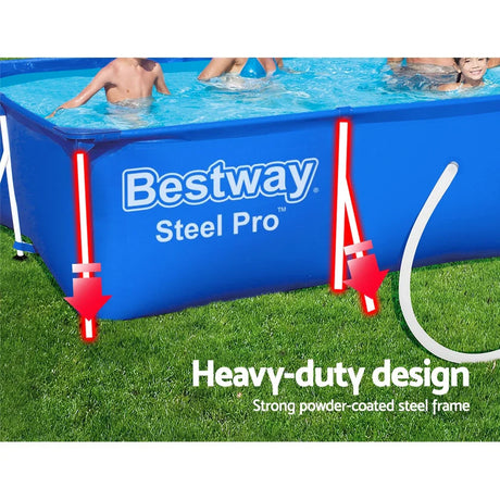 Bestway Steel Pro above ground pool with children swimming, heavy-duty powder-coated steel frame on grass