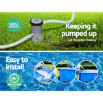 Above ground pool filter pump on grass with hoses, easy 30-second pool installation steps shown