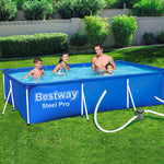 Family of four enjoying Bestway Steel Pro above ground blue swimming pool in sunny backyard
