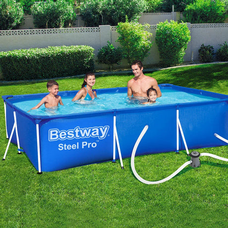 Family of four enjoying Bestway Steel Pro above ground blue swimming pool in sunny backyard