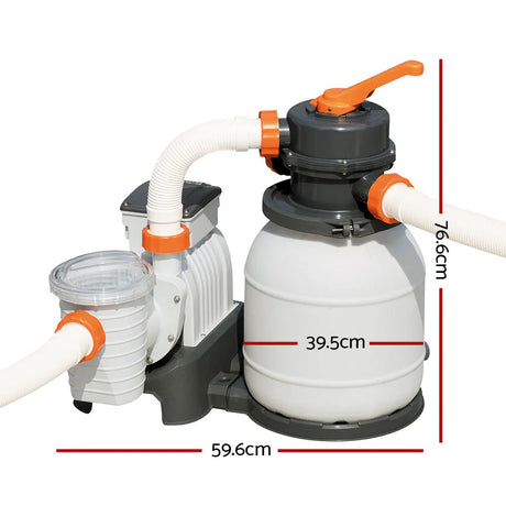 Compact white and gray pool sand filter with orange handle and flexible hoses, dimensions marked