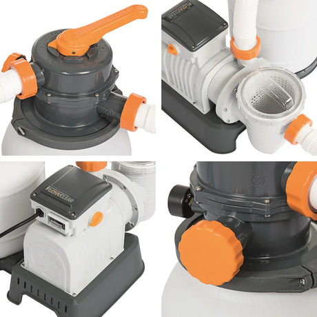 Close-up shots of a pool sand filter system with orange knobs and gray pump components